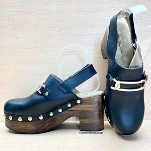 Free People Leather Studded Ankle Strap Platform Wooden Clogs Black Women's 37